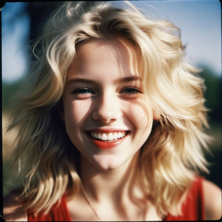 girl 18-22 years old with long blonde hair smiles brightly while outdoors. She wearing red lipstick and her hair is slightly windblown. Sunny weather. Portrait of happy joyful young Caucasian woman AI.の素材