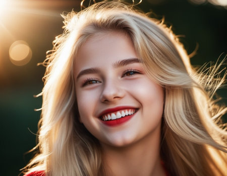 girl 18-22 years old with long blonde hair smiles brightly while outdoors. She wearing red lipstick and her hair is slightly windblown. Sunny weather. Portrait of happy joyful young Caucasian woman AI.の素材