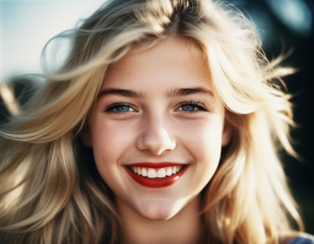 girl 18-22 years old with long blonde hair smiles brightly while outdoors. She wearing red lipstick and her hair is slightly windblown. Sunny weather. Portrait of happy joyful young Caucasian woman AI.の素材