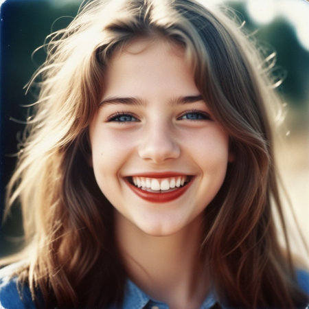 girl or young woman with long brown hair smiles outdoors. White teeth, blue eyes and red lipstick. Her hair is slightly windblown. Sunny weather. Portrait of happy joyful young Caucasian woman AI.の素材