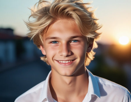 Portrait of young Caucasian teenage boy with blond hair and blue eyes, smiling warmly at the camera. He is wearing a crisp white shirt and is standing outdoors. Sunny evening. AI generated.の素材