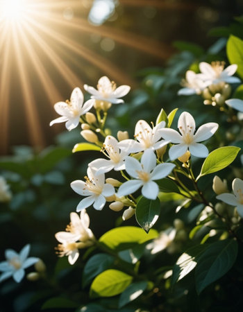 Jasmine Jasminum officinale in olive family of Oleaceae cultivated for tea fragrance. White flowers with yellow center, blooming on a bush with green leaves. The sun shines brightly in background. AI.の素材