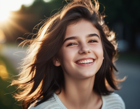 A portrait of young woman with long brown hair, smiling brightly. The sun shines on her face, highlighting her white teeth and happy expression. Brown eyes, dark skin, tousled dark hair. AI generated.の素材