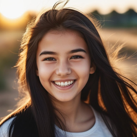 A portrait of young woman with long brown hair, smiling brightly. The sun shines on her face, highlighting her white teeth and happy expression. Brown eyes, dark skin, tousled dark hair. AI generated.の素材
