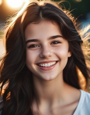 A portrait of young woman with long brown hair, smiling brightly. The sun shines on her face, highlighting her white teeth and happy expression. Brown eyes, dark skin, tousled dark hair. AI generated.の素材
