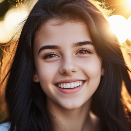 A portrait of young woman with long brown hair, smiling brightly. The sun shines on her face, highlighting her white teeth and happy expression. Brown eyes, dark skin, tousled dark hair. AI generated.の素材
