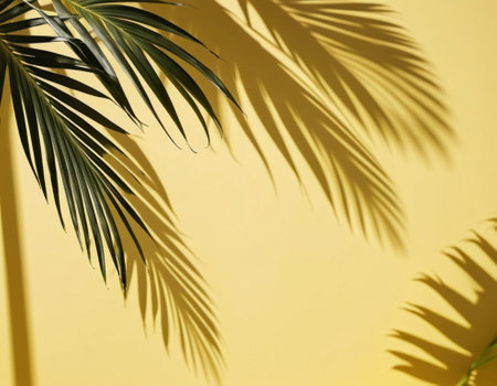 Blurred defocused shadow from palm leaves on yellow wall. Minimalistic beautiful summer or spring background for product presentation. Theme of travel and beach holidays. Long narrow leaves. AI.の素材