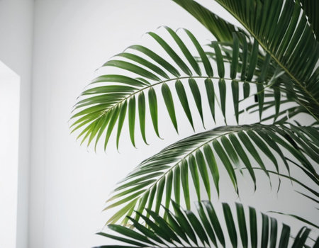 Blurred defocused shadow from palm leaves on white wall. Minimalistic beautiful summer or spring background for product presentation. Theme of travel and beach holidays. Long narrow leaves. AI.の素材