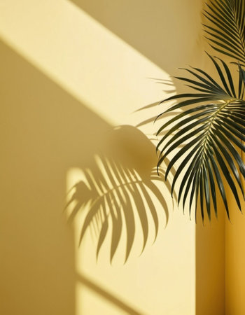 Blurred defocused shadow from palm leaves on yellow wall. Minimalistic beautiful summer or spring background for product presentation. Theme of travel and beach holidays. Long narrow leaves. AI.の素材