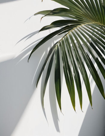 Blurred defocused shadow from palm leaves on white wall. Minimalistic beautiful summer or spring background for product presentation. Theme of travel and beach holidays. Long narrow leaves. AI.の素材