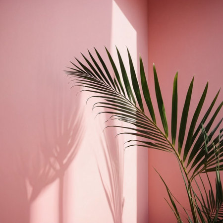 Blurred defocused shadow from palm leaves on pink wall. Minimalistic beautiful summer or spring background for product presentation. Theme of travel and beach holiday. Long narrow leaves. AI generatedの素材