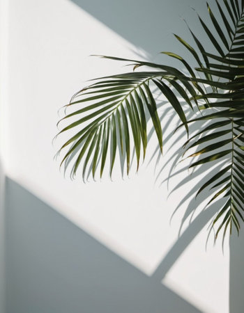Blurred defocused shadow from palm leaves on white wall. Minimalistic beautiful summer or spring background for product presentation. Theme of travel and beach holidays. Long narrow leaves. AI.の素材