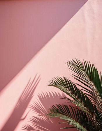 Blurred defocused shadow from palm leaves on pink wall. Minimalistic beautiful summer or spring background for product presentation. Theme of travel and beach holiday. Long narrow leaves. AI generatedの素材
