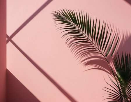 Blurred defocused shadow from palm leaves on pink wall. Minimalistic beautiful summer or spring background for product presentation. Theme of travel and beach holiday. Long narrow leaves. AI generatedの素材