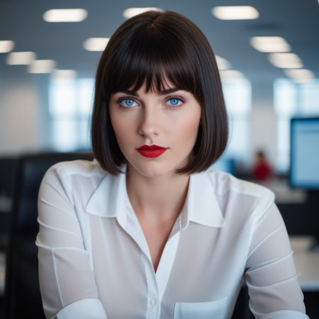 A photo of a brunette girl or young beautiful woman with blue eyes, wearing a white shirt, in an office setting. Serious expression on her face. A bank employee with a bob hairstyle listens to you. AI.の素材
