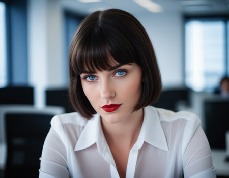 A photo of a brunette girl or young beautiful woman with blue eyes, wearing a white shirt, in an office setting. Serious expression on her face. A bank employee with a bob hairstyle listens to you. AI.の素材