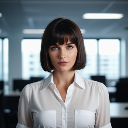 A photo of a brunette girl or young beautiful woman with brown eyes, wearing white shirt, in an office setting. Serious expression on her face. A bank employee with a bob hairstyle listens to you. AI.の素材