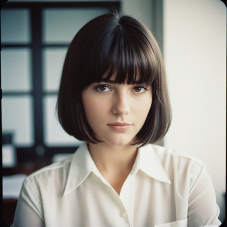 A photo of a brunette girl or young beautiful woman with brown eyes, wearing white shirt, in an office setting. Serious expression on her face. A bank employee with a bob hairstyle listens to you. AI.の素材