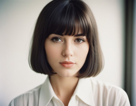 A photo of a brunette girl or young beautiful woman with brown eyes, wearing white shirt, in an office setting. Serious expression on her face. A bank employee with a bob hairstyle listens to you. AI.の素材