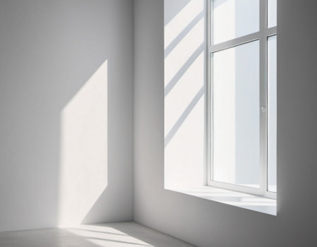 White wall and large window. Sunlight is streaming through window, casting long shadows on wall. Room is bright and airy, with clean, minimalist feel. Background for interior or product display. AI.の素材