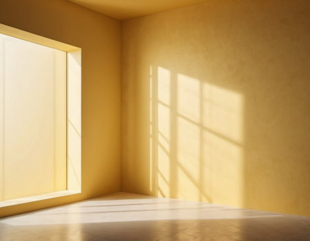 Yellow wall and large window. Sunlight is streaming through window, casting long shadows on wall. Room is bright and airy, with clean, minimalist feel. Background for interior or product display. AI.の素材