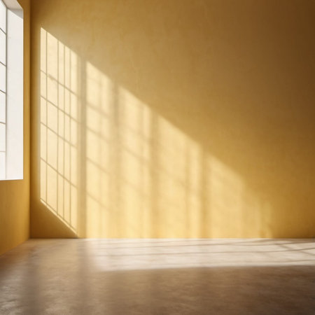 Yellow wall and large window. Sunlight is streaming through window, casting long shadows on wall. Room is bright and airy, with clean, minimalist feel. Background for interior or product display. AI.の素材