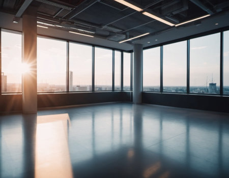 Modern office conference room with large windows overlooking city skyline. Professional inviting atmosphere. Natural light, highlighting sleek, contemporary design. Business negotiations concept. AI.の素材