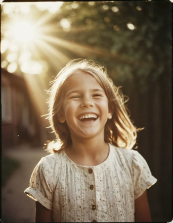 Portrait of beautiful laughing pretty Caucasian girl with long blond flowing hair. Happy childhood outdoors. AI generated. Resident of Scandinavia, Finnish, Norwegian, Swedish, Baltic facial typeの素材