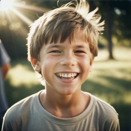 Cheerful young Caucasian boy with blond straight tousled hair. Little cute beautiful child smiles. Positive emotion. Outdoor sunny day. Happy childhood. Generative AI. Scandinavian facial typeの素材