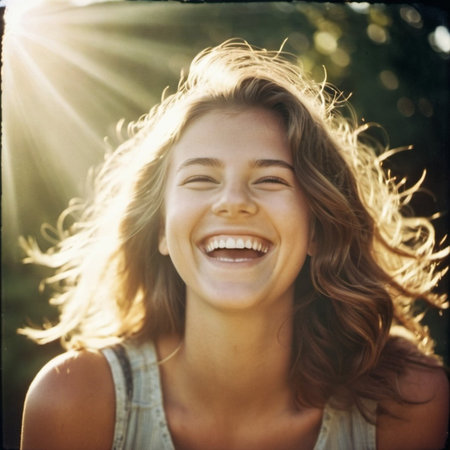 Portrait of beautiful laughing blonde Caucasian girl with straight flowing hair and white teeth. Sunny weather. AI generated. Resident of Scandinavia, Finnish, Norwegian, Swedish, Baltic facial typeの素材