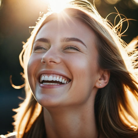 Portrait of beautiful laughing blonde Caucasian girl with straight flowing hair and white teeth. Sunny weather. AI generated. Resident of Scandinavia, Finnish, Norwegian, Swedish, Baltic facial typeの素材