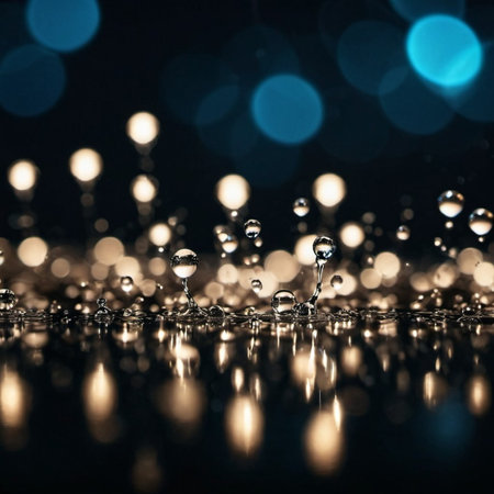 water droplets on a surface reflecting out-of-focus lights, creating a bokeh effect. The droplets appear clear and round, reflecting the warm, yellow light of the blurred lights in the background.の素材