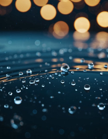 water droplets on a surface reflecting out-of-focus lights, creating a bokeh effect. The droplets appear clear and round, reflecting the warm, yellow light of the blurred lights in the background.の素材