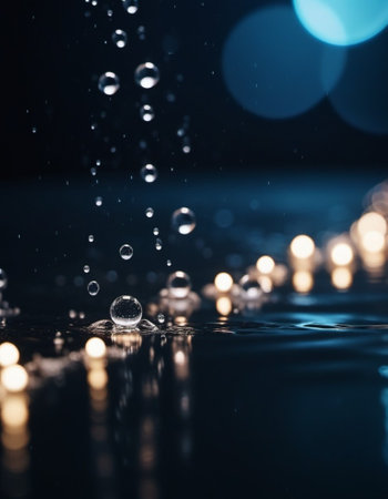 water droplets on a surface reflecting out-of-focus lights, creating a bokeh effect. The droplets appear clear and round, reflecting the warm, yellow light of the blurred lights in the background.の素材
