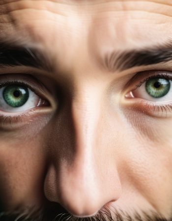 close-up portrait of mans face, focusing on his eyes and nose. The image is in focus and captures the intricate details of his features, including his green eyes and subtle lines around his noseの素材