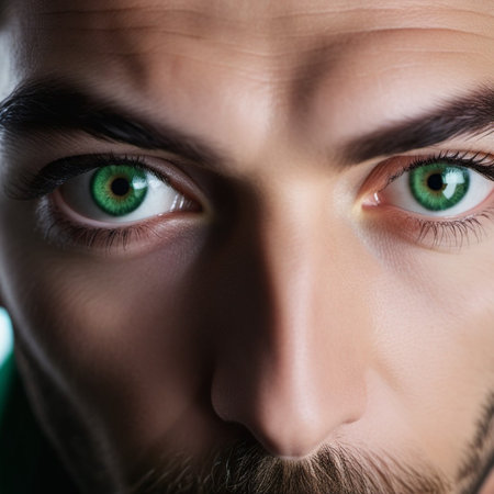 close-up portrait of mans face, focusing on his eyes and nose. The image is in focus and captures the intricate details of his features, including his green eyes and subtle lines around his noseの素材