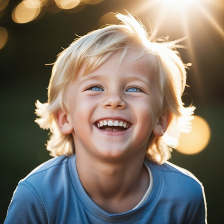 Cheerful young boy with blue eyes and blond straight tousled hair. Little cute beautiful child smiles. Direct friendly look. Positive emotion. Outdoor sunny day. Happy childhood. Generative AI.の素材