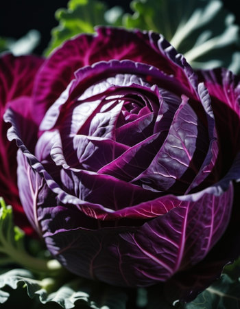 Red cabbage is a vegetable crop with red-violet leaf color and a common food product. Vegetable is used for fresh consumption in salads, for pickling, cultivated cabbage species. Generated AI.の素材