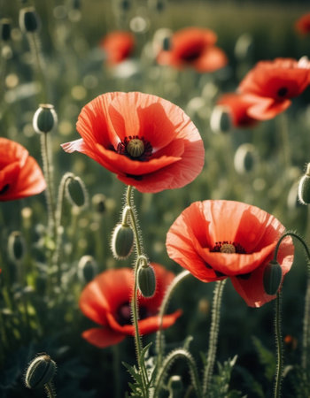 Poppy fields blooming. A poppy is a flowering plant in the subfamily Papaveroideae of the family Papaveraceae. Papaver is a genus of frost-tolerant annuals, biennials, and perennials. Sunny outdoor.の素材