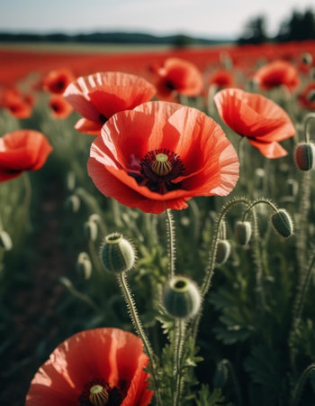 Poppy fields blooming. A poppy is a flowering plant in the subfamily Papaveroideae of the family Papaveraceae. Papaver is a genus of frost-tolerant annuals, biennials, and perennials. Sunny outdoor.の素材