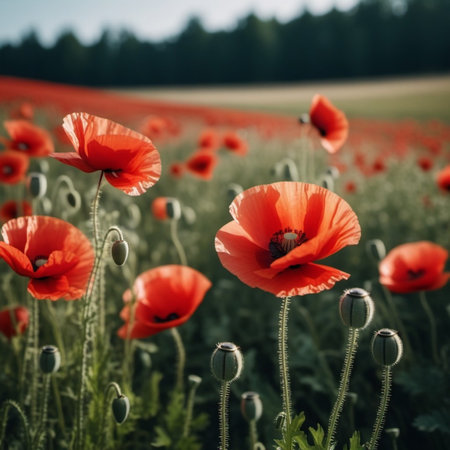 Poppy fields blooming. A poppy is a flowering plant in the subfamily Papaveroideae of the family Papaveraceae. Papaver is a genus of frost-tolerant annuals, biennials, and perennials. Sunny outdoor.の素材