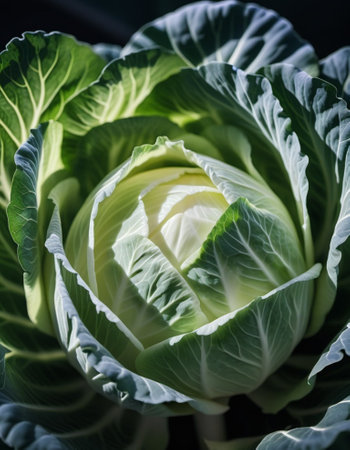 A detailed close-up of a fresh white green cabbage shows the intricate patterns of its leaves, veined textures, and the subtle shades of green that darken towards the outer layers. Natural beautyの素材