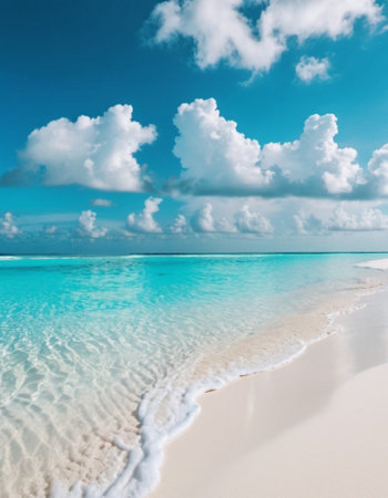 Breathtaking view of pristine white sand beach in Maldives. Turquoise waters of Indian Ocean lap gently at shore, creating serene idyllic scene. Sky is vibrant blue, dotted with fluffy white cloudsの素材