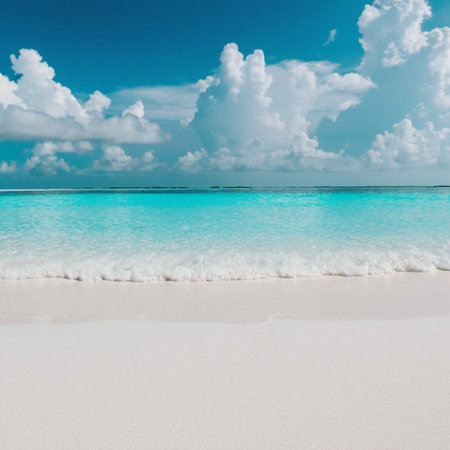 Breathtaking view of pristine white sand beach in Maldives. Turquoise waters of Indian Ocean lap gently at shore, creating serene idyllic scene. Sky is vibrant blue, dotted with fluffy white cloudsの素材