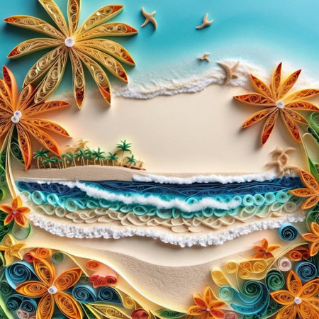 Serene beach scene with gentle waves, sandy shoreline, and palm trees casting shadows. The bright colors and soft brushstrokes create peaceful atmosphere. Generated AI. Sunny beach holidays travel.の素材