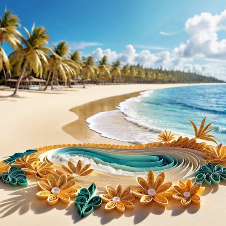 Serene beach scene with gentle waves, sandy shoreline, and palm trees casting shadows. The bright colors and soft brushstrokes create peaceful atmosphere. Generated AI. Sunny beach holidays travel.の素材