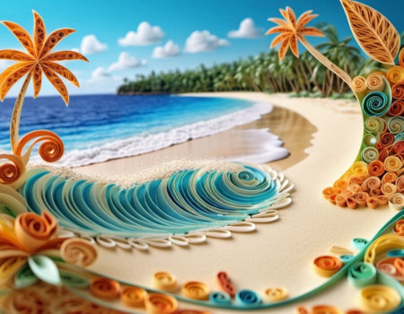 Serene beach scene with gentle waves, sandy shoreline, and palm trees casting shadows. The bright colors and soft brushstrokes create peaceful atmosphere. Generated AI. Sunny beach holidays travel.の素材