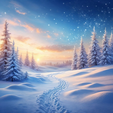 Picturesque winter scene with snow-covered plain and trees silhouetted against a vibrant sunset sky. Gentle snowfall adds magical touch, creating tranquil and breathtaking landscape. Generated AI.の素材