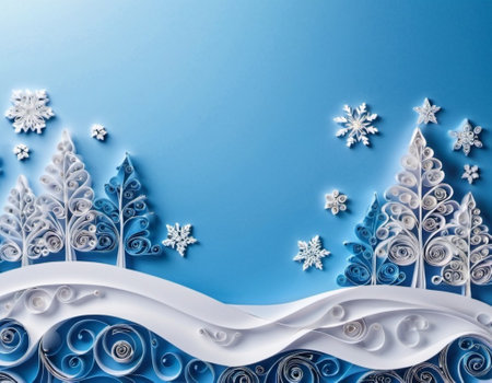 Close-up of a paper quilling artwork depicting a winter scene. The artwork features white paper curls arranged to form a snowy landscape with trees and a decorative arch of snowflakes. Copy space. AI.の素材