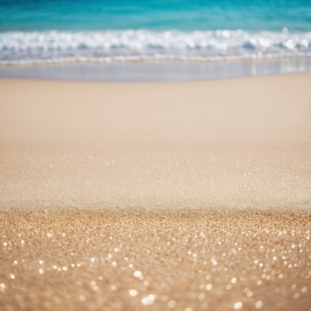 Art beach scene with gentle waves, sandy shoreline. Bright colors create peaceful atmosphere. Generated AI. Sunny beach holidays travel concept. Copy space. Sunny tropic paradise. Plage background.の素材